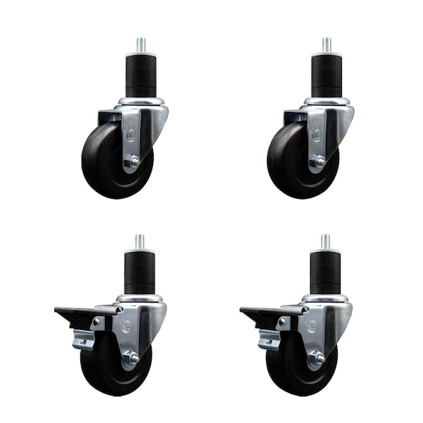 3.5'' Hard Rubber Wheel Swivel 1-3/4'' Expand Stem Caster Set 2 Brakes, 4PK